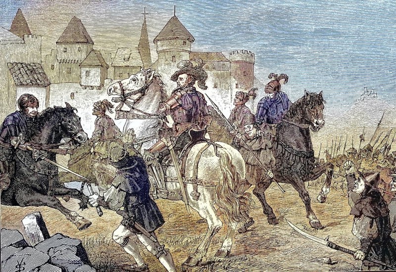 German Peasant War, 1524-1526, Herzog Ulrich vor Schorndorf/German Peasant War, Duke Ulrich in front of Schorndorf, historical, digitally restored reproduction of an original model from the 19th century, exact original date unknown, subsequently colored