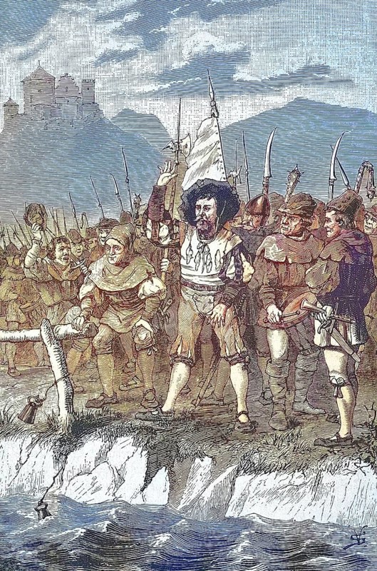 German Peasants' War, 1514-1526, Peter Geiss, the Geisspeter of Beutelsbach, carried out a judgment of God, the so-called water sample, on May 2, 1514. The nine weights of the duke should be thrown into the Rems near Grossheppach/German Peasants' War, the Geisspeter of Beutelsbach carries out a divine judgment, the so-called water trial, on May 2, 1514. The nine weights of the duke were thrown into the Rems near Grossheppach, historical, digitally restored reproduction of an original original from the 19th century, exact original date not known, retrospectively colored