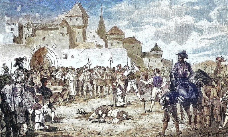 German Peasants' War, 1524-1526, Das Blutgericht zu Schorndorf/German Peasants' War, The Blood Court at Schorndorf, historical, digitally restored reproduction of an original model from the 19th century, exact original date unknown, subsequently colored