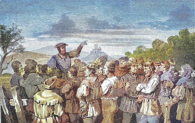 German Peasants' War, 1524-1526, Jos Friz speaks to the conspirators on the Hartmatte. Joss Fritz (born around 1470, died around 1525) was the initiator of the Bundschuh movements in Untergrombach, Lehen und am Oberrhein / German Peasants' War, Jos Friz speaks to the conspirators on the Hartmatte. Joss Fritz (born around 1470, died around 1525) was the initiator of the Bundschuh movements in Untergrombach, Lehen and on the Upper Rhine, Historic, digitally restored reproduction of an original from the 19th century, exact original date unknown, subsequently coloured