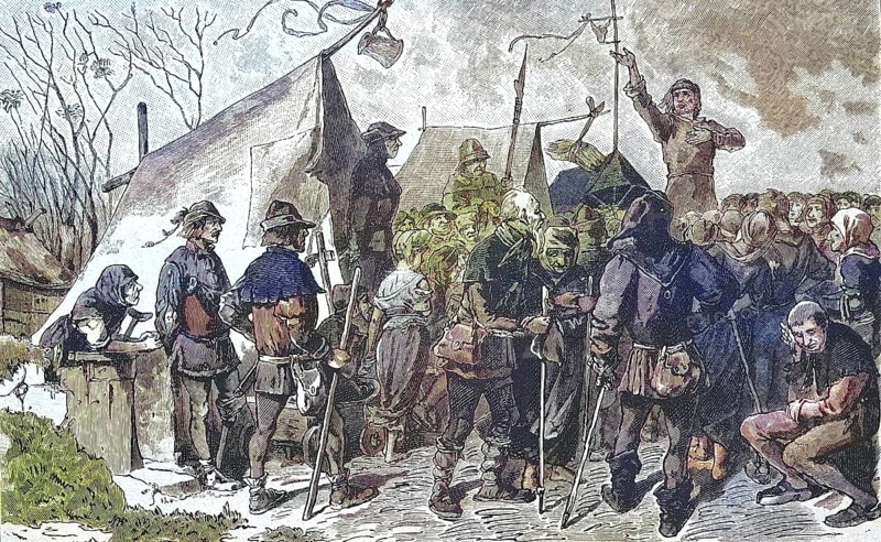 German Peasants' War, 1524-1526, Pfeiferhänslein preaches, Hans Böhm or Hans Behem, Pauker von Niklashausen (born around 1458, died 19 July 1476) also known as Pfeifer von Niklashausen, Pfeiferhannes, Pfeiferhänslein or Henselins. July 1476) also known as Pfeifer von Niklashausen, Pfeiferhannes, Pfeiferhänslein or Henselins was a cattle herder, musician, preacher and initiator of the Niklashausen pilgrimage of 1476 / German Peasants' War, Pfeiferhänslein preaches, Hans Böhm or Hans Behem, Pauker von Niklashausen (born around 1458, died July 19, 1476) also known as Pfeifer von Niklashausen, Pfeiferhänslein or Henselins was a cattle herder, musician, preacher and initiator of the Niklashäuser pilgrimage of 1476, Historic, digitally restored reproduction of an original from the 19th century, exact original date unknown. century, exact original date unknown, subsequently coloured