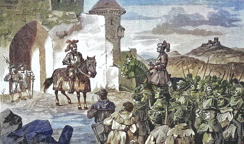 German Peasants' War, 1524-1526, The Bishop Marshal Negotiates with the Farmers/German Peasants' War, The Bishop's Marshal Negotiates with the Peasants, historical, digitally restored reproduction of an original model from the 19th century, exact original date not known, subsequently colored