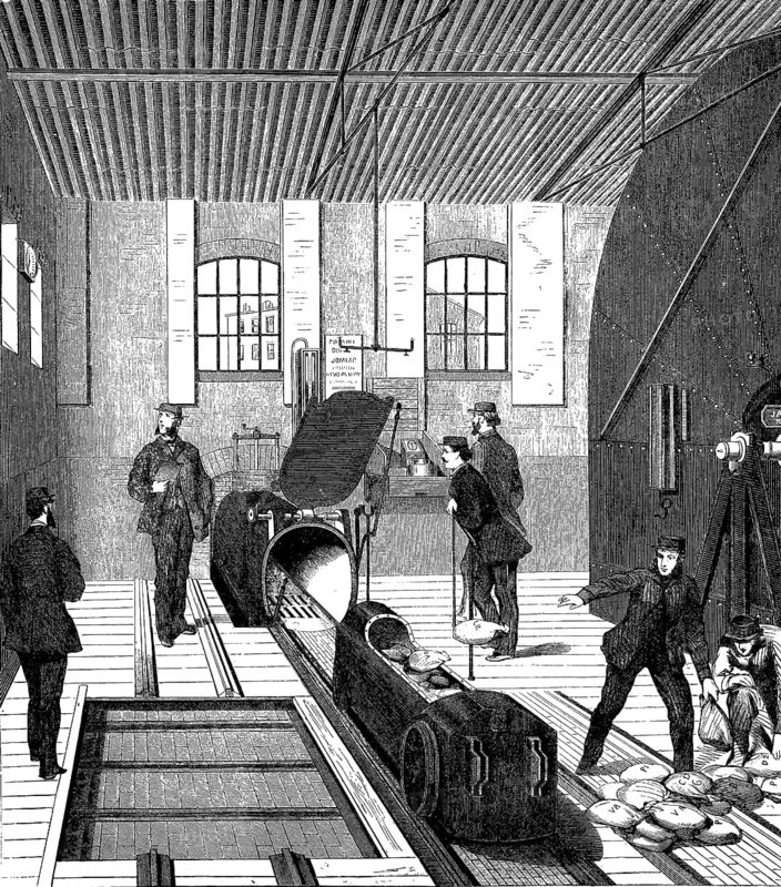 Departure of the pneumatic dispatch train from the main station at Euston-Road station in London, woodcut from 1864