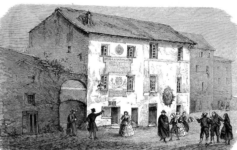 Christopher Columbus' birthplace in Cogoletto, Genoa, Italy, woodcut from 1864