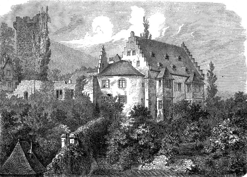Miltenburg, the Mildenburg is a hill castle built around 1200 above Miltenberg, Bavaria, Germany, woodcut from 1864