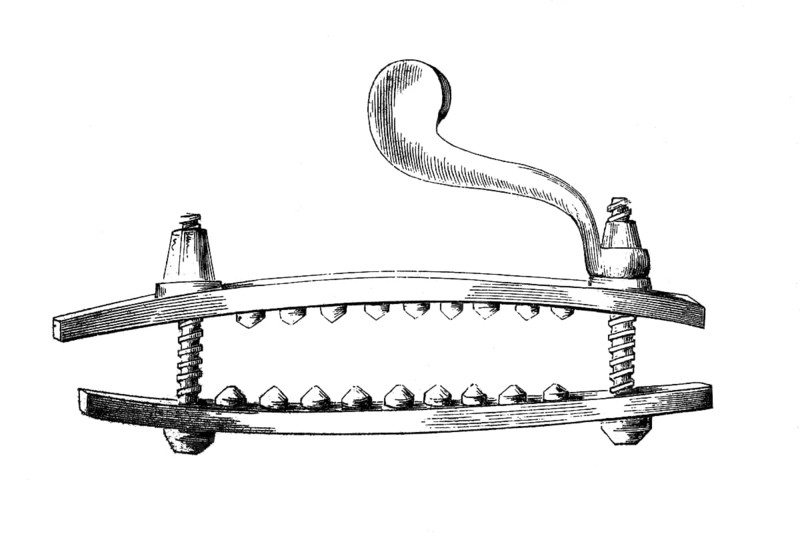 Torture instrument: thumbscrews, thumb stick, woodcut from 1864