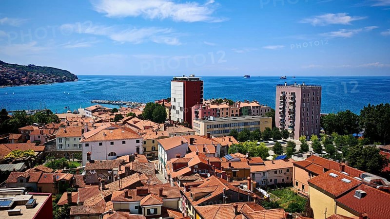 Panorama of a coastal town with red roofs and sea horizon, Koper, Slovenia