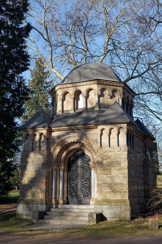 Pompous mausoleum of the Heynen family, Romanesque style, Nordfriedhof Düsseldorf, North Rhine-Westphalia, Germany