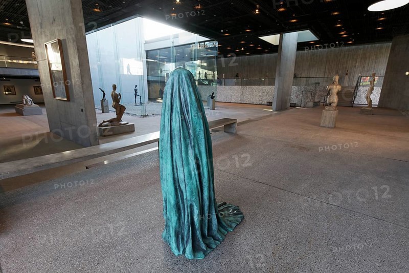 Statue of a veiled figure in the Lehmbruck Museum, self-portrait as a ghost by sculptor Alicja Kwade, Duisburg, North Rhine-Westphalia, Germany