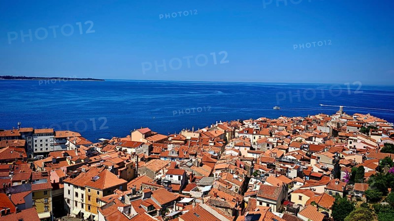 Panoramic view of a coastal town with red roofs and blue sea in the background, Piran, Slovenia