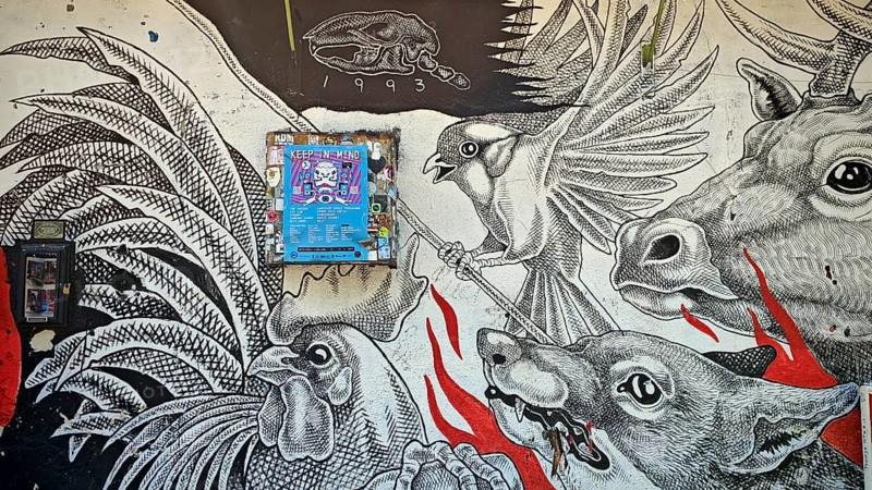 Graffiti, detailed black and white wall painting with animals and creative outdoor design, Ljubljana, Slovenia