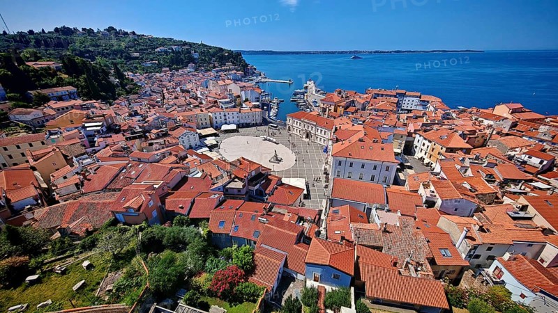Panoramic view of a coastal town with a main square and red roofs on a clear blue day, Piran, Slovenia