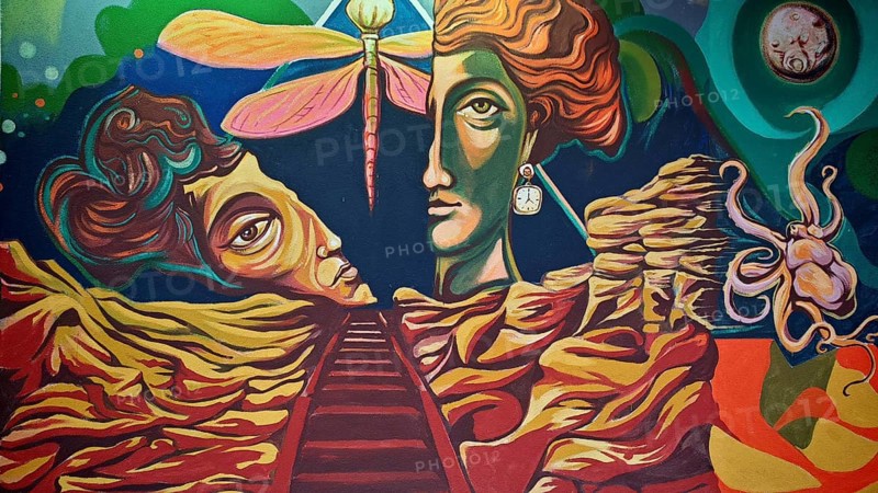 Surrealist work of art with abstract faces and an insect in intense colors, Skopje, North Macedonia