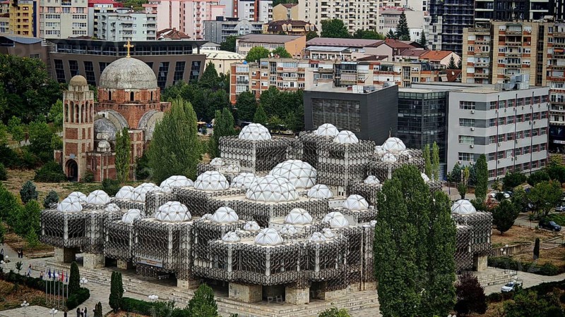Unique building with domes in an urban environment, National Library, Pristina, Kosovo