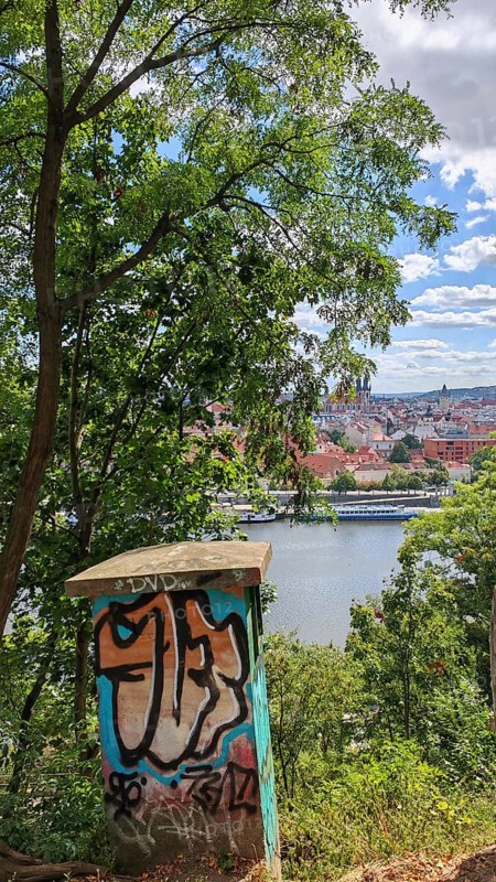 View of a city and a river through trees, in the foreground a power box covered with graffiti, Prague, Czech Republic