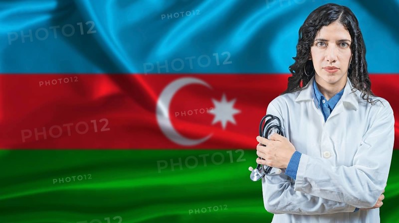 Azerbaijani national health system, Medical professional on Azerbaijan flag background
