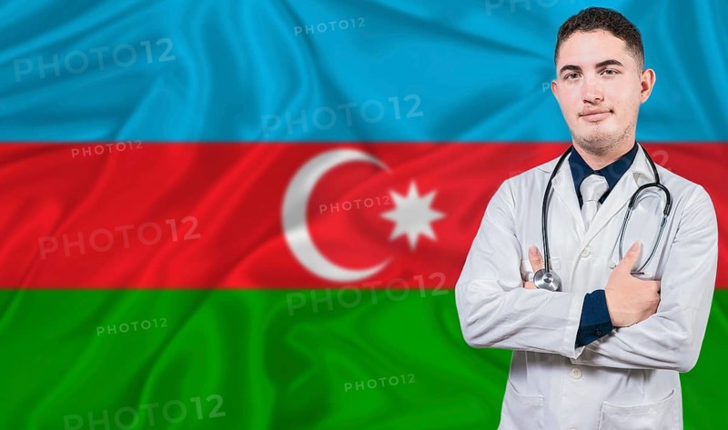 Portrait of medical professional on Azerbaijan flag background. Azerbaijani national health system