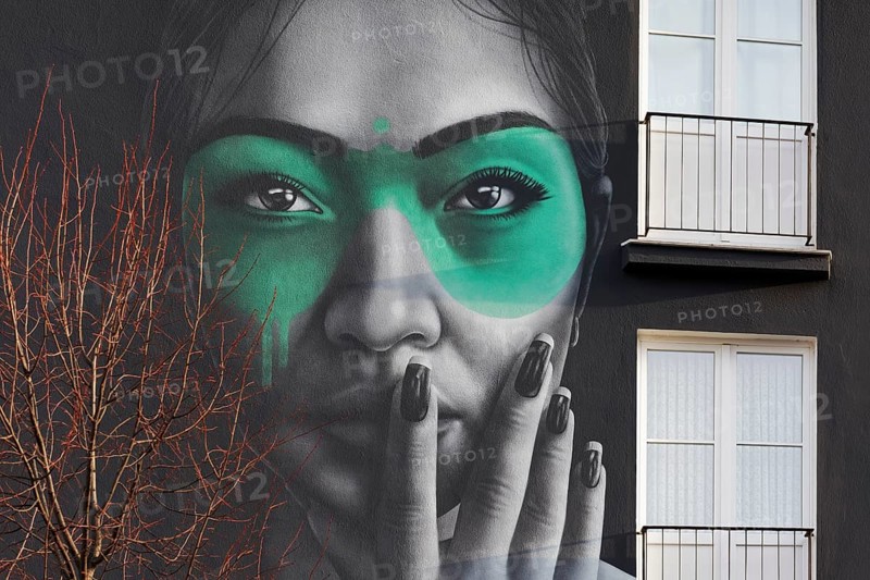 Portrait of a Eurasian woman, Rasimin, mural by street artist Fin DAC, Düsseldorf, North Rhine-Westphalia, Germany