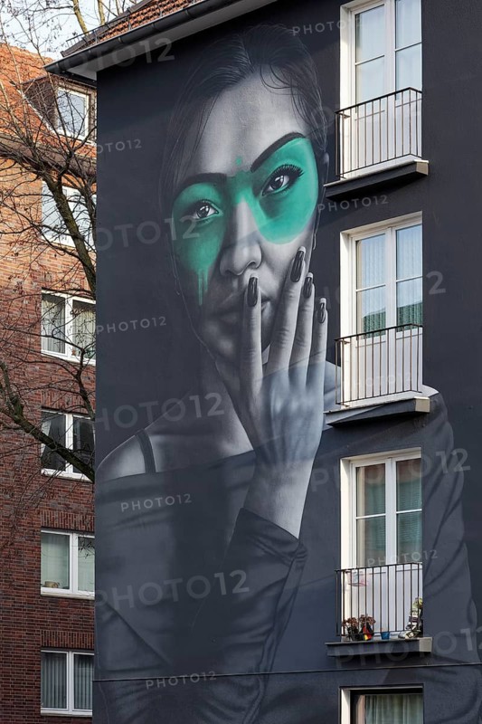Portrait of a Eurasian woman, Rasimin, mural by street artist Fin DAC, Düsseldorf, North Rhine-Westphalia, Germany