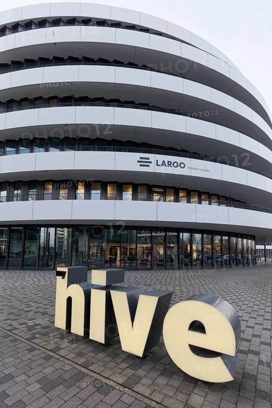 Largo office building with Hive logo, myhive offices, Medienhafen Düsseldorf, North Rhine-Westphalia, Germany