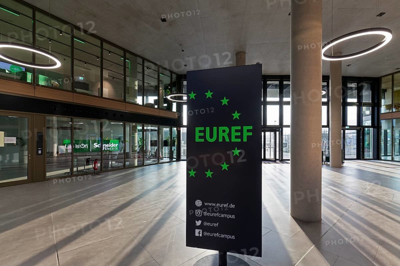EUREF-Campus Düsseldorf, atrium with logo, European Energy Forum for Climate Protection and Electric Mobility, Energiewende, Düsseldorf, North Rhine-Westphalia, Germany