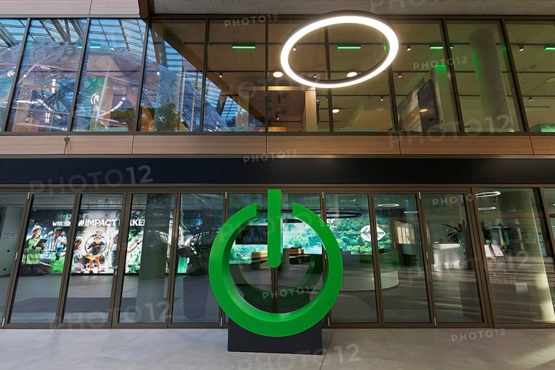 Green Power Button, sculpture in front of Schneider Electric SE's office, EUREF-Campus Düsseldorf, European Energy Forum for Climate Protection and Electric Mobility, Energiewende, Düsseldorf, North Rhine-Westphalia, Germany