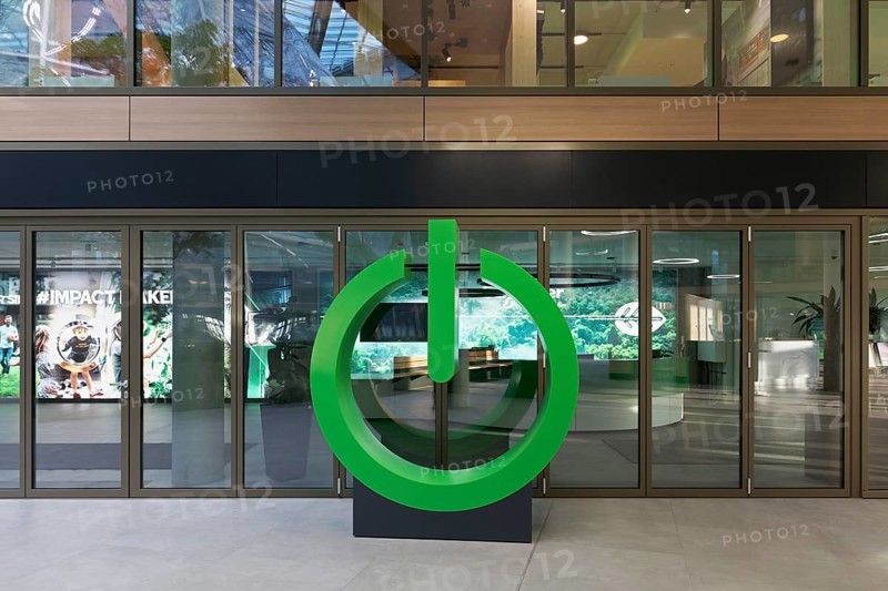 Green Power Button, sculpture in front of Schneider Electric SE's office, EUREF-Campus Düsseldorf, European Energy Forum for the Energy and Mobility Transition, Düsseldorf, North Rhine-Westphalia, Germany