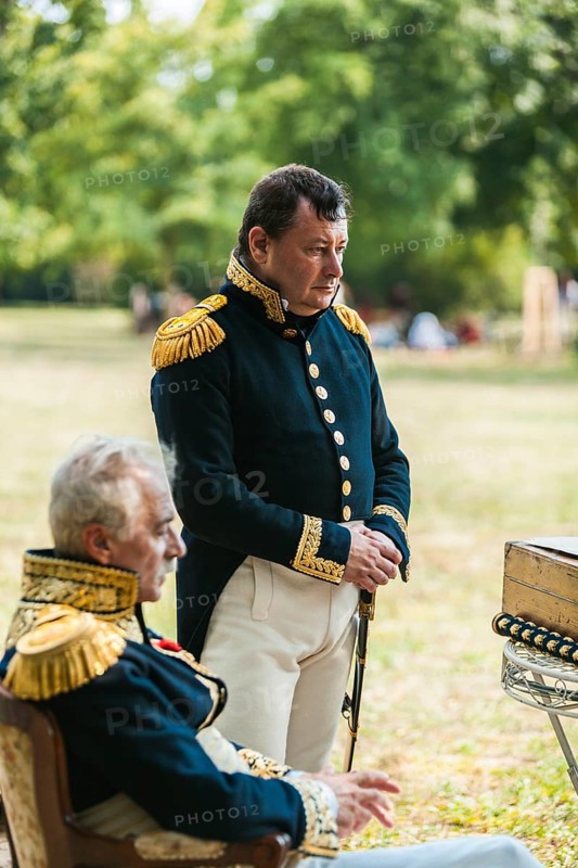 Slavkov u Brna, Czech Republic, Eastern Europe. Emperor Bonaparte played by Roberto Colla and his right hand General Legrand prepare for battle during a historic re-enactment of the Battle of Austerlitz on the grounds where the real battle took place then the Austro Hungarian Empire today part of Czech Republic