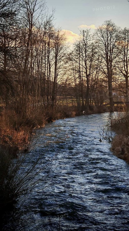 A quiet river flows through a winter landscape lined with bare trees, Franconian Forest nature park Park