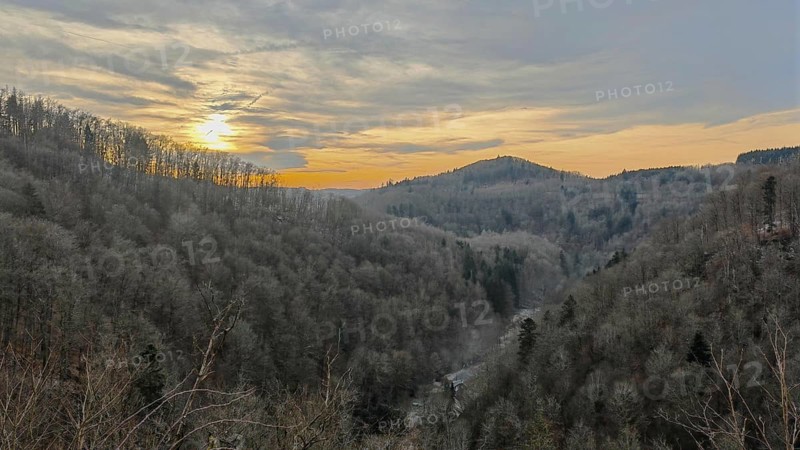 View over the forest into a valley with trees in the light of a sunset and a fascinating sky, Franconian Forest nature park Park
