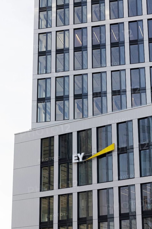Ernst & Young, Logo Ey am Bürohochhaus Pandion Rise, auditing firm, Düsseldorf, North Rhine-Westphalia, Germany