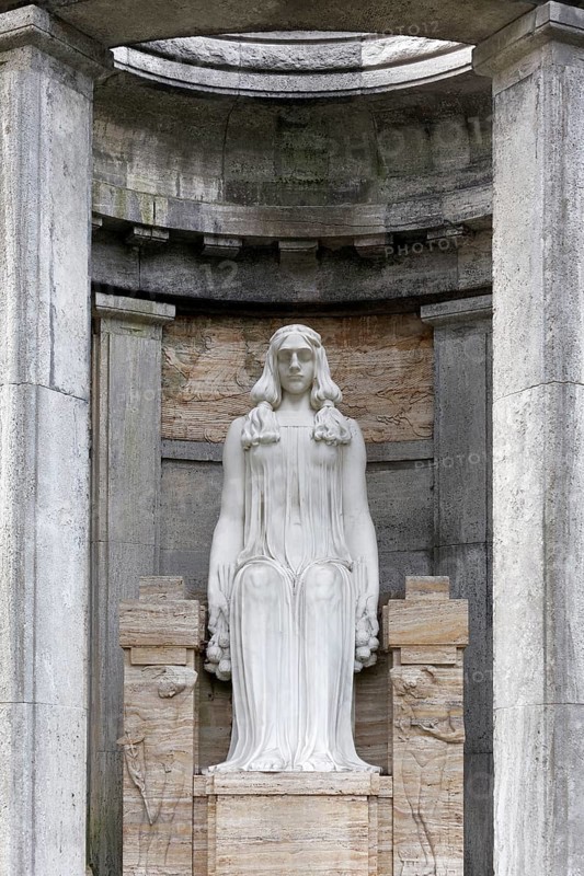 Seated marble female figure by sculptor Karl Janssen, burial place of the Henkel family of industrialists, Nordfriedhof Düsseldorf, North Rhine-Westphalia, Germany