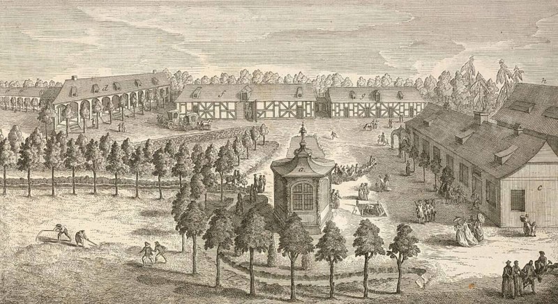 The Gesundbrunnen near Berlin with water container, catering house, large stable, gardener's house and paper mill, around 1850, Germany, authentic, digitally restored reproduction from a 19th century model, exact date of presentation unknown, historical