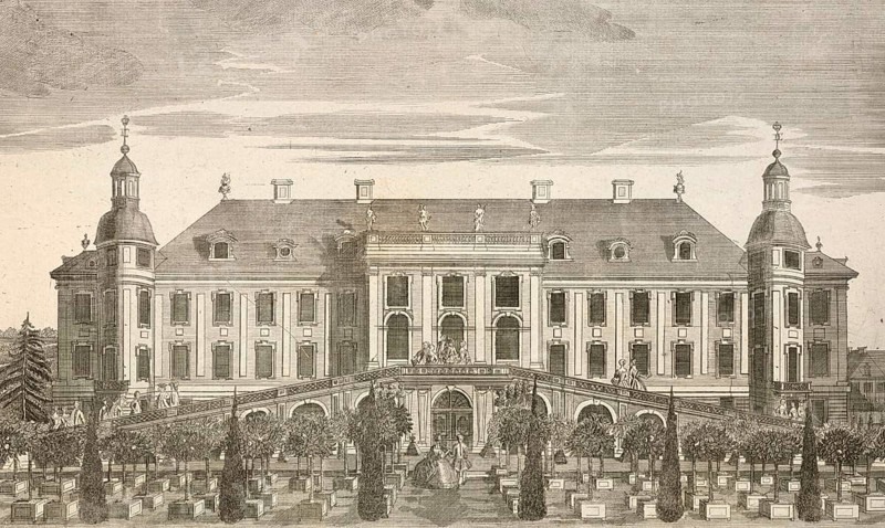 Margrave's Castle in Schwedt, garden side, around 1850, Germany, authentic, digitally restored reproduction from a 19th century model, exact date of depiction unknown, historical