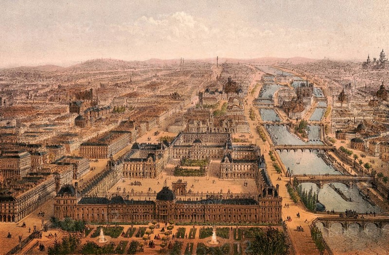 Panorama of the Jardin des Tuileries, Tuileries Garden, 25-hectare French Baroque garden in the 1st arrondissement of Paris, located between the Louvre and Place de la Concorde, around 1900, France, authentic, digitally restored reproduction from a 19th century model, exact date of presentation unknown, historical