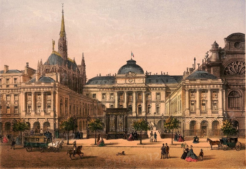 Palais de Justice and the Sainte-Chapelle, together with the Conciergerie, form the historic core of the former royal palace, Palais de la Cite, on the Ile de la Cité in the heart of Paris, around 1900, France, authentic, digitally restored reproduction from a 19th century model, exact date of presentation unknown, historical