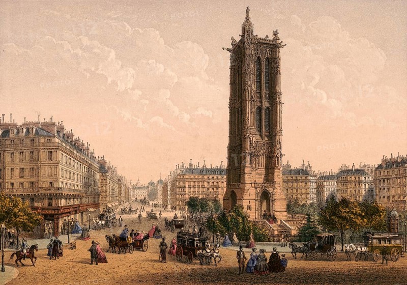 The Tour Saint-Jacques, late Gothic tower in the 4th arrondissement of Paris, the only remnant of the Saint-Jacques-la-Boucherie church destroyed during the French Revolution, around 1900, France, authentic, digitally restored reproduction from a 19th-century model, exact date of presentation unknown, historical