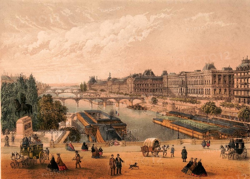 The Louvre and the adjacent Jardin des Tuileries in the 1st arrondissement of Paris form a historic heart of the city, around 1900, France, authentic, digitally restored reproduction from a 19th-century model, exact date of presentation unknown, historical