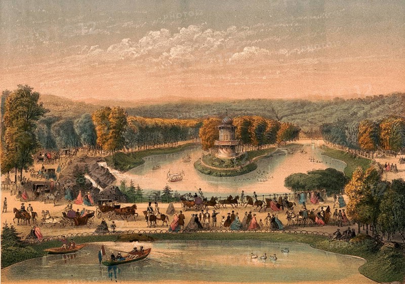 The lakes in the Bois de Boulogne form the heart of this extensive park in the 16th arrondissement of Paris, around 1900, France, authentic, digitally restored reproduction from a 19th-century model, exact date of depiction unknown, historical