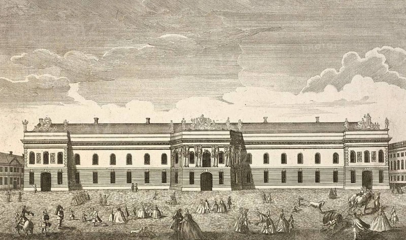 The new support building of the large royal stable in the Dorotheen-Stadt in Berlin, intended for the Royal Academy of Sciences and Liberal Arts, around 1850, Germany, authentic, digitally restored reproduction of a model from the 19th century, exact date of presentation unknown, historical