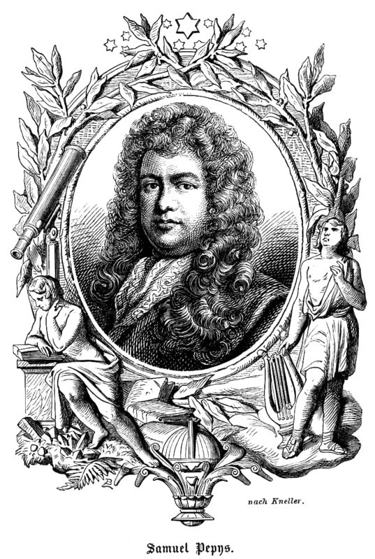 Samuel Pepys (1633-1703) famous travel book and diary author of his time, Secretary of State in the Navy Office, President of the Royal Society, Member of the English House of Commons, portrait of famous personalities, oval, curls, wig, numerous decorations, stars, harp, reading a book, telescope, leaves, art, steel engraving, historical illustration 1863