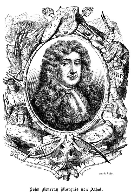 John Murray Marquis of Athol, Prince of Atholl, Scotland, portrait of famous people, oval, curls, wig, scarf, numerous ornaments, weapons, swords, shields, clan members, art, steel engraving, historical illustration 1863