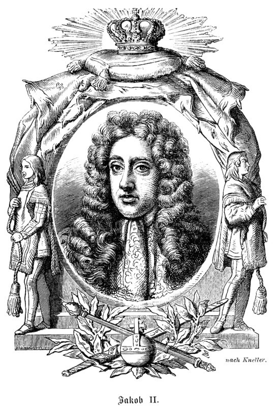 James II (1633-1701) James II of England also James VII of Scotland, 1685 coronation as King of England, King of Scotland and Ireland, the Glorious Revolution leads to his deposition as King, curls, wig, portrait of famous personalities, oval, royal house, royal insignia, crown, sceptre, orb, globe, scarf, numerous decorations, art, steel engraving, historical illustration 1863