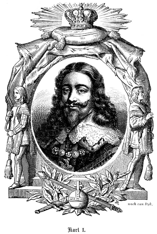 Charles I, Charles I (1600-1649) King of England, Scotland and Ireland, civil war, execution on the scaffold in Whitehall, London, abolition of the monarchy, portrait of famous personalities, oval, royal house, royal insignia, crown, sceptre, orb, globe, goatee, moustache, long hair, curls, numerous decorations, art, steel engraving, historical illustration 1863