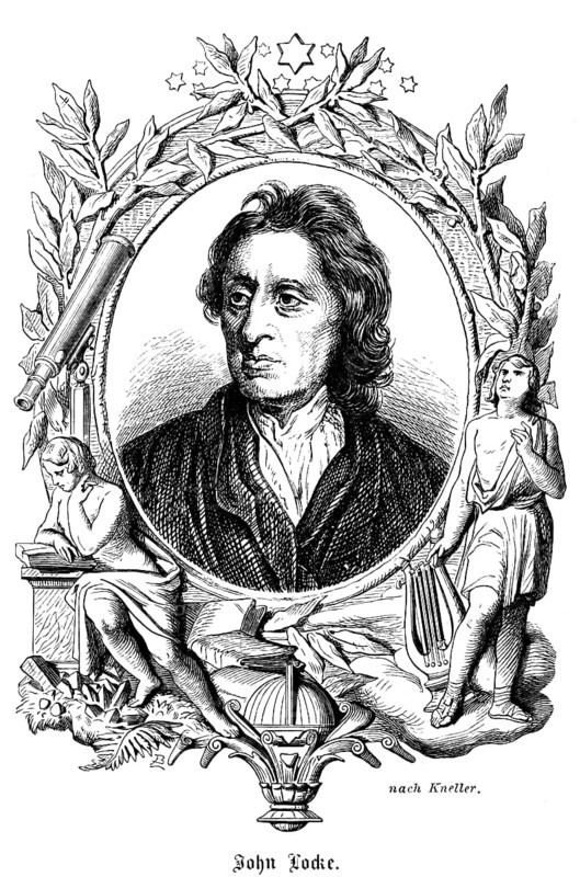 John Locke (1632-1704) English philosopher and Age of Enlightenment, thought leader, liberalism, politics, laws as legal norm, follower of Oliver Cromwell, portrait of famous personalities, oval, wavy long hair, piercing gaze, numerous decorations, stars, harp, reading a book, telescope, leaves, art, steel engraving, historical illustration 1863