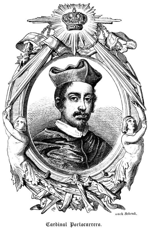Cardinal Portocarrero (1636-1705) Archbishop of Toledo, Primate of Spain, portrait of famous personalities, oval, royal house, royal insignia, crown, sceptre, orb, globe, goatee, moustache, cap, collar, numerous decorations, art, steel engraving, historical illustration 1863