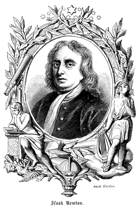 Isaac Newton (1642-1726), University of Cambridge, President of the Royal Society, important scientist, physics, mathematics, law of gravitation, classical mechanics, optics, light spectrum, portrait of famous personalities, long wavy hair, scarf, numerous decorations, symbols, stars, harp, reading a book, telescope, leaves, art, steel engraving, historical illustration 1863