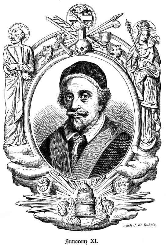 Pope Innocent XI (1611-1689) father of the poor, order of finances, Spartan lifestyle, portrait of famous personalities, beatification 1956, symbols, insignia, triple papal crown, cross, inscription INRI, leader, saint, Mary with baby Jesus, personalities, goatee, moustache, bonnet, sash, numerous decorations, art, steel engraving, historical illustration 1863