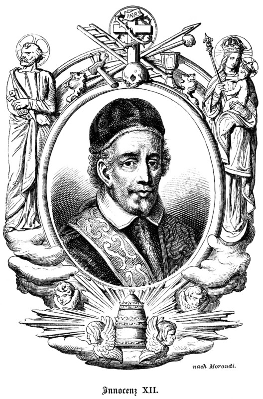 Pope Innocent XII (1691-1700) Roman Catholic Church, Archbishop of Naples, conclave, symbols, insignia, triple papal crown, cross, inscription INRI, leader, saint, Mary with baby Jesus, portrait of famous personalities, goatee, cap, sash, numerous decorations, art, steel engraving, historical illustration 1863