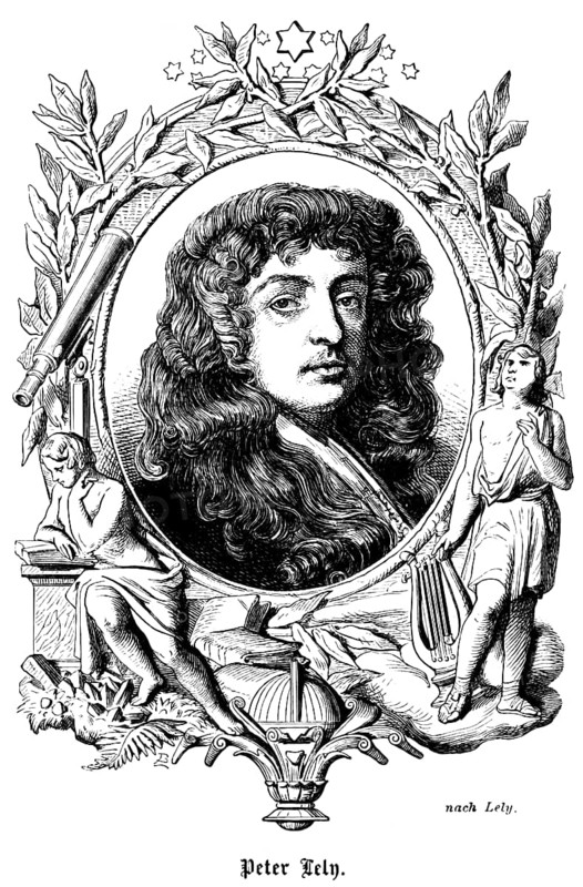 Sir Peter Lely (1618-1680) Dutchman, then English citizen, artist, English painter, court painter to Charles II, portrait of famous personalities, curls, wig, numerous decorations, stars, harp, reading a book, telescope, leaves, art, steel engraving, historical illustration 1863